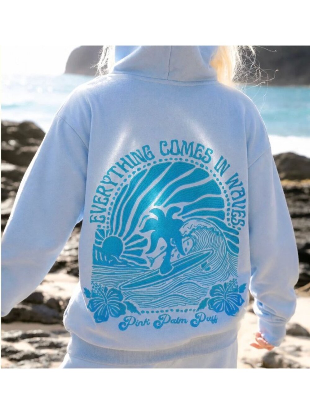 Pink Palm Puff Everything Comes in Waves Hoodie in Blue Size M